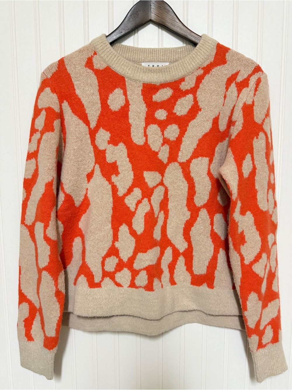 Abstract Statement Sweater Size L Orange Tan Artsy Fall Modern Boutique Style